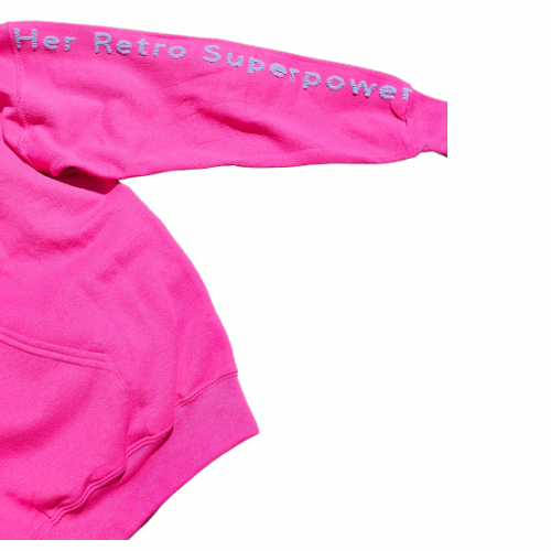 The Try My Closet Her Retro Superpower Pink Oversized Hoodie in XL features “Her Retro Superpowers” in white along one extended sleeve. The UV color-changing hoodie is shown on a white background.