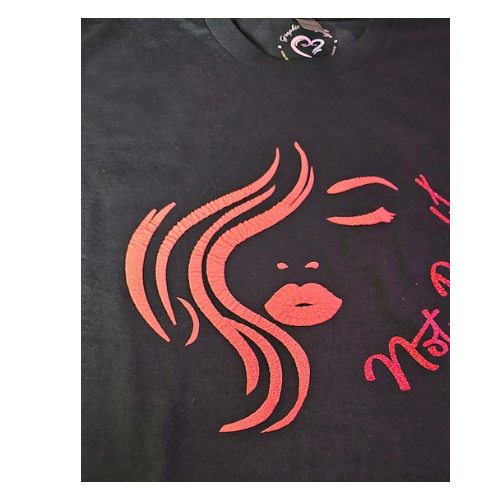 The Try My Closet Not Right Now Red on Black Graphic Tee, size Lg, features a bold red womans face with flowing hair, closed eyes, striking lips, and part of the phrase “Not 2...” on the side. Custom orders available.