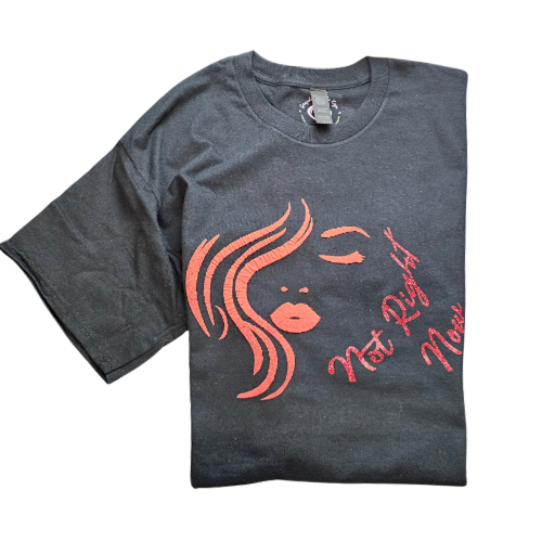 Try My Closet’s Not Right Now Red on Black Graphic Tee (Size Lg) features a bold red graphic of a womans face and Not Right Now text. Custom orders available.