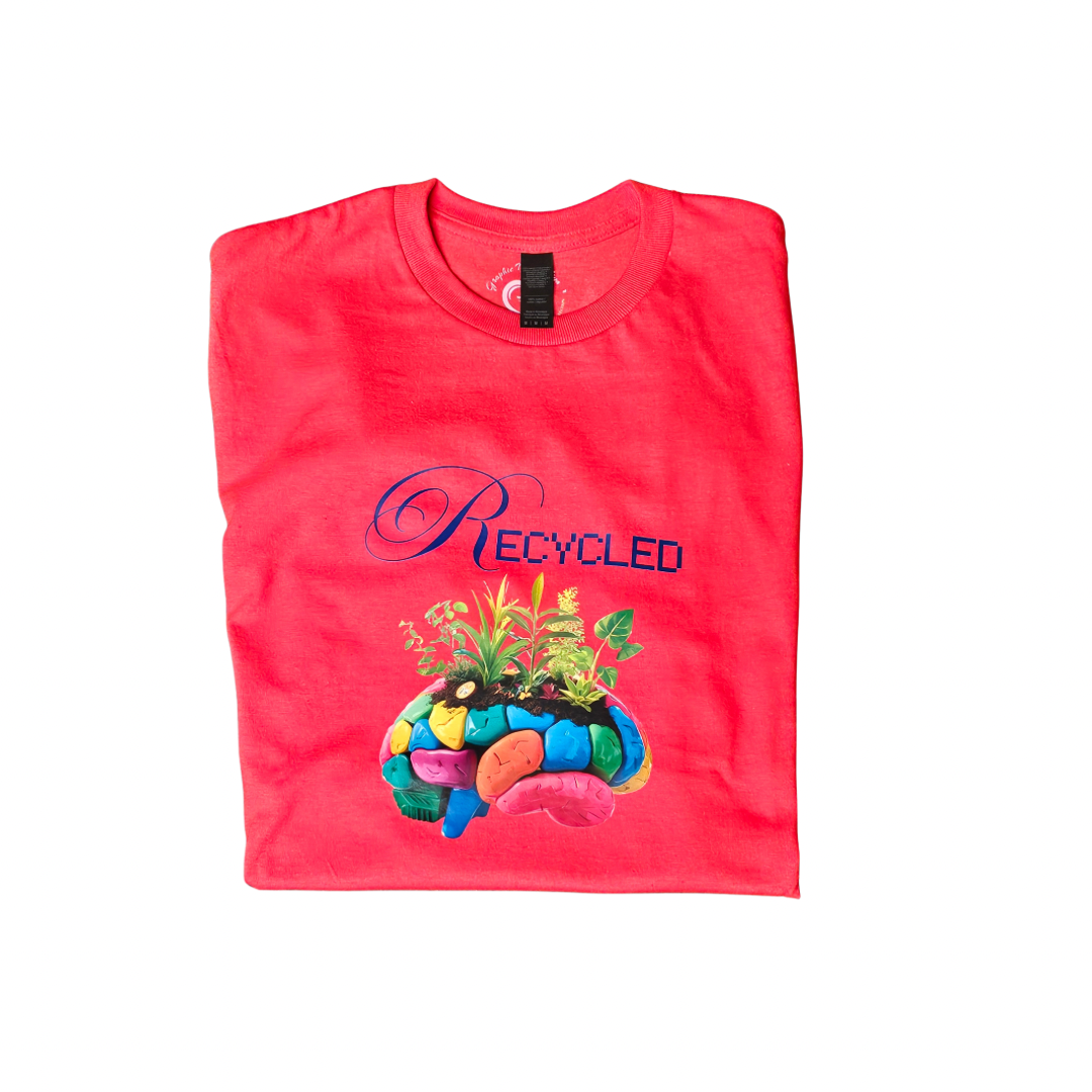 The Recycled Mind Graphic Tee by Try My Closet features Recycled above a vibrant brain with green plants, reflecting sustainable fashion and eco-friendly values.