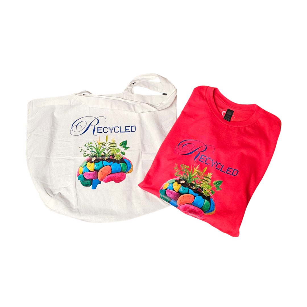Discover exclusive Custom Orders by Try My Closet: a white tote bag and red t-shirt, both featuring a colorful brain with plants and Recycled text. Ideal for existing design lovers seeking unique styles.