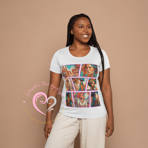 A smiling woman with long braids models the She Comic Graphic Tee Limited Edition by Try My Closet—a white top with colorful comic-style art of diverse women. She stands against a plain beige background, highlighting her unique style.