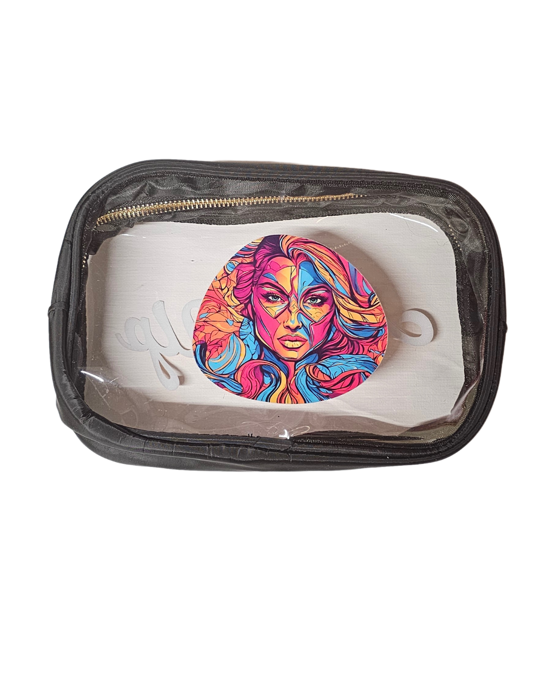 A vibrant abstract womans face decorates the Collab Gift Graphic Tees and Totes by Try My Closet, packaged in a clear, zippered pouch with black edges—a stylish accessory for carrying or displaying your support for mental health.