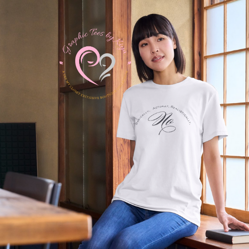 A woman with straight dark hair sits on a windowsill wearing the Try My Closet Passive Boundaries Graphic Tee, featuring the text Occasionally. Actually. Realistically. No. Minimalist design and brand logo are shown beside her.