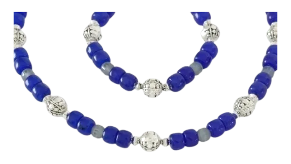 Blue Jade Silver Etched Glass Combo Bracelet Necklace Set
