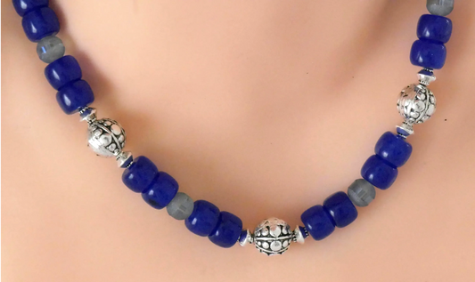 Blue Jade Silver Etched Glass Combo Bracelet Necklace Set