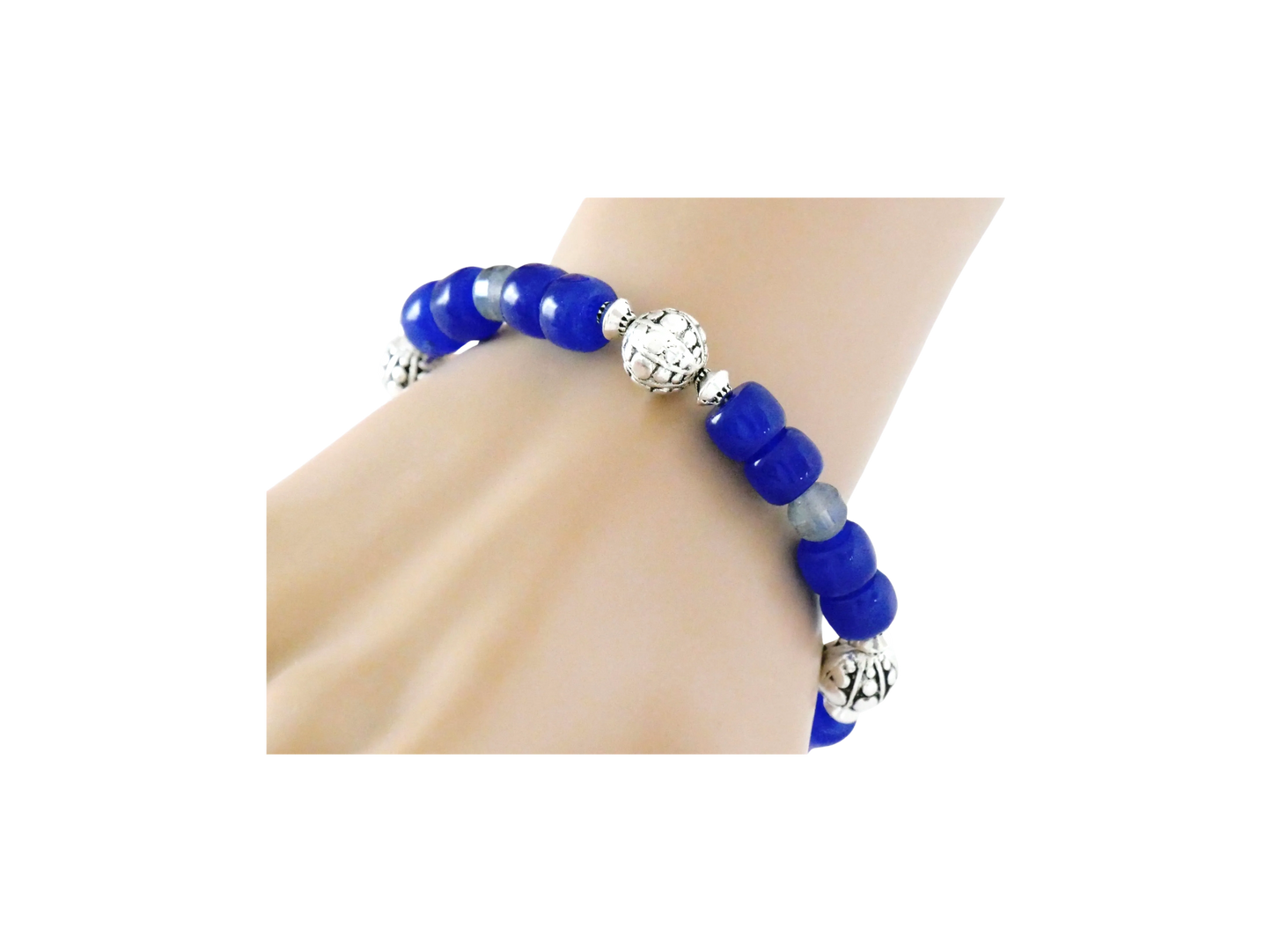 Blue Jade Silver Etched Glass Combo Bracelet Necklace Set