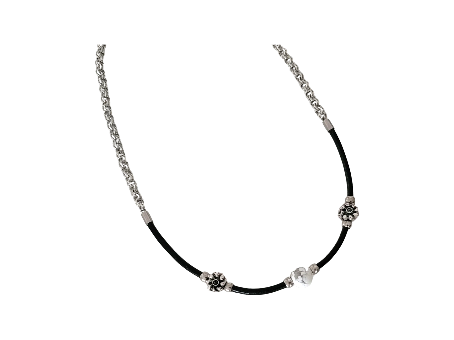 Howlite Beaded Leather Stainless Steel Double Cable Link Necklace