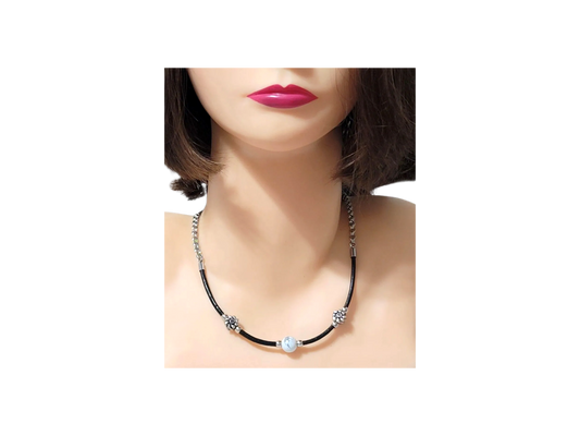 Howlite Beaded Leather Stainless Steel Double Cable Link Necklace