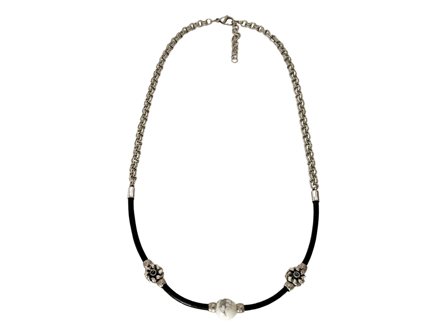 Howlite Beaded Leather Stainless Steel Double Cable Link Necklace