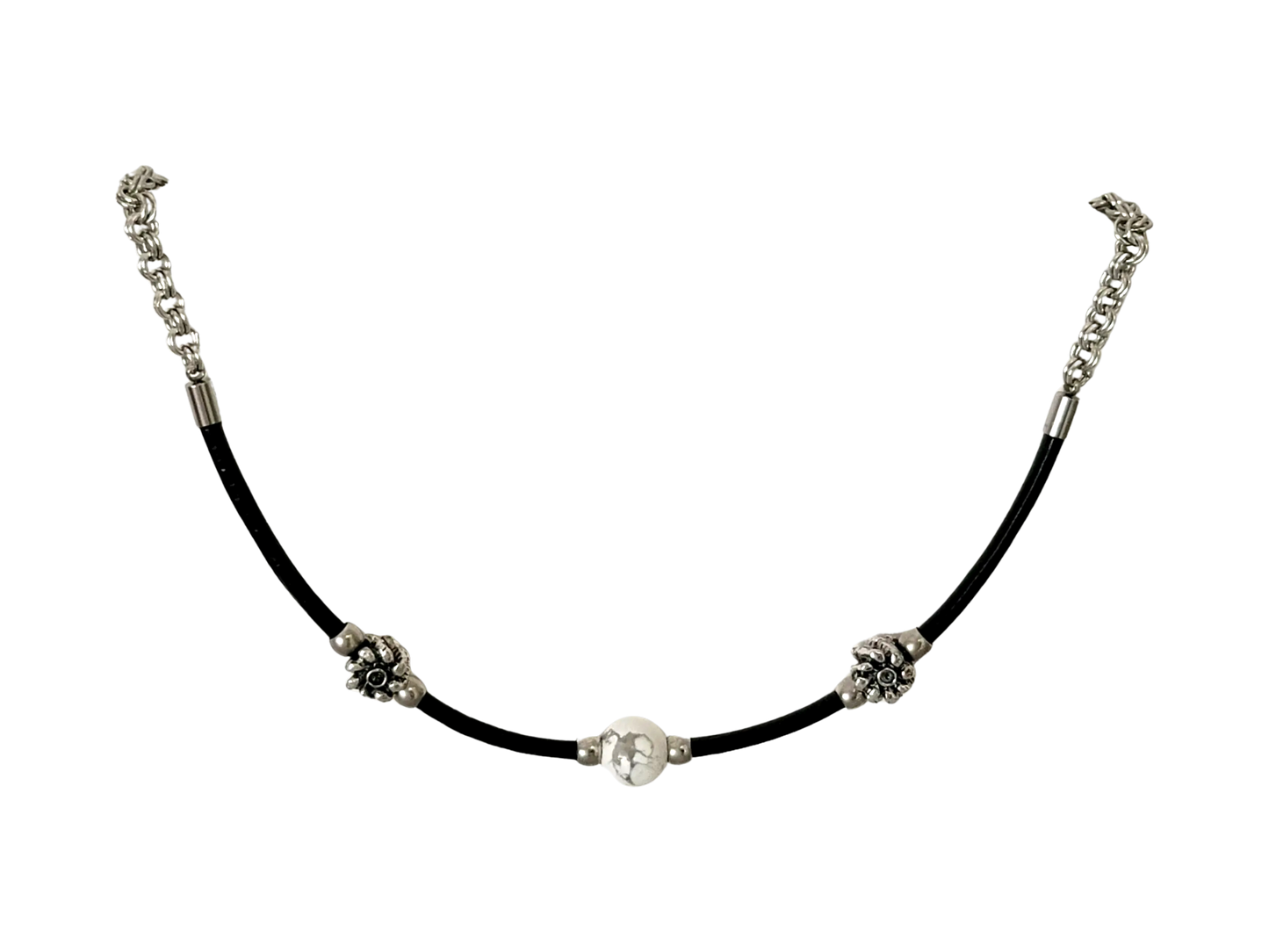 Howlite Beaded Leather Stainless Steel Double Cable Link Necklace