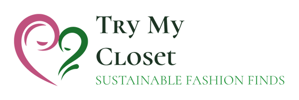 Logo for Try My Closet with a stylized pink and green heart and the tagline Sustainable Fashion Finds in green text.