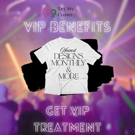 A Graphic Tee VIP Monthly Subscription t-shirt from Try My Closet is shown with “Newest Designs Monthly & More” centered on a vibrant, blurred nightclub background. Neon text says “VIP monthly bundle” and “Get VIP Treatment,” with the Try My Closet logo on top.